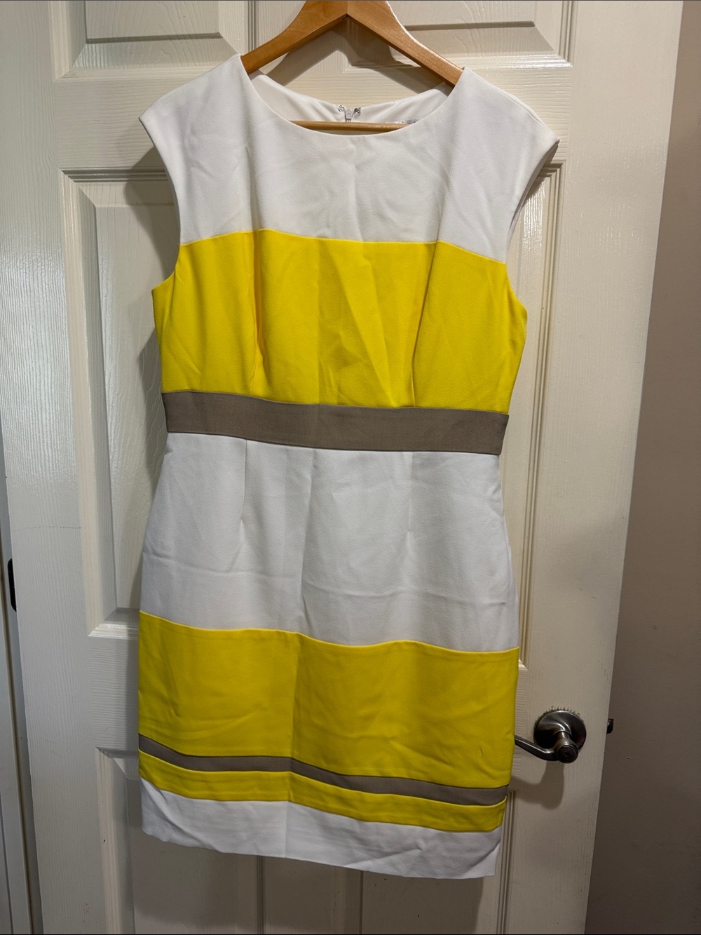 Sandra Darren Yellow, White and Tan Colorblock Sheath Dress